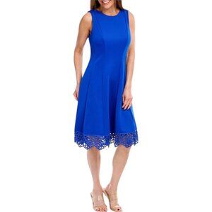 Donna Ricco Sleeveless A-Line Blue Dress With Laser-Cut Hem, Women's Size 14